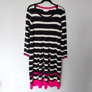 Eliza J Pink Black & White Striped Long Sleeve Fit and Flare Midi Sweater Dress